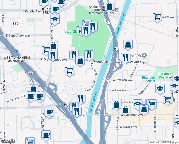 map of restaurants, bars, coffee shops, grocery stores, and more near 2121 South Towne Centre Place in Anaheim