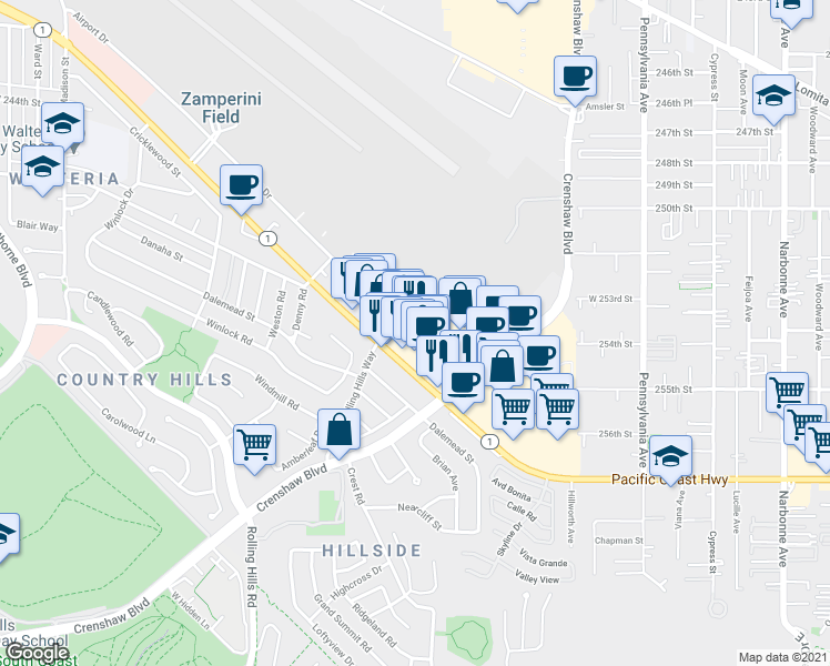 map of restaurants, bars, coffee shops, grocery stores, and more near 2755 Pacific Coast Highway in Torrance