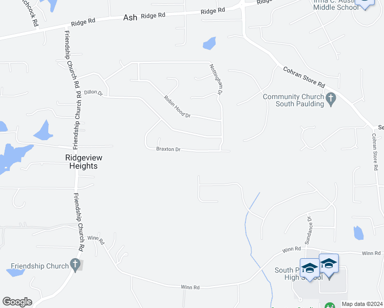 map of restaurants, bars, coffee shops, grocery stores, and more near 384 Braxton Drive in Douglasville