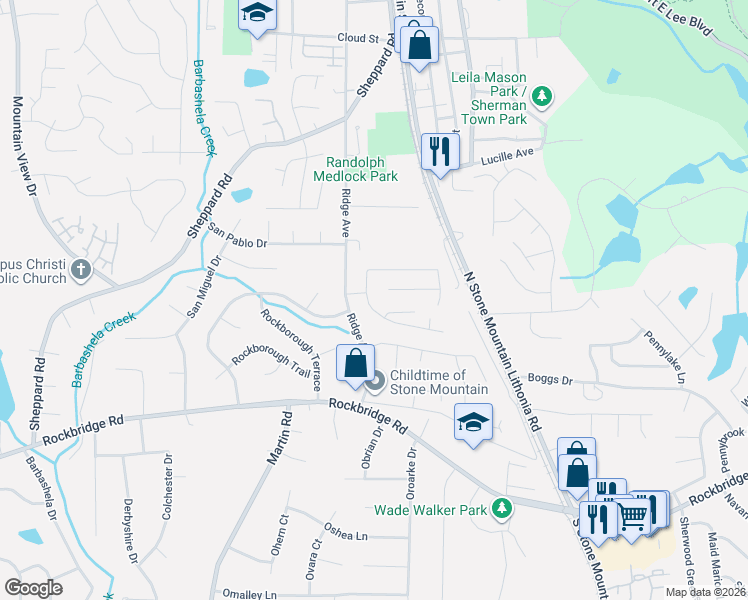 map of restaurants, bars, coffee shops, grocery stores, and more near 5343 Ridge Forest Drive in Stone Mountain