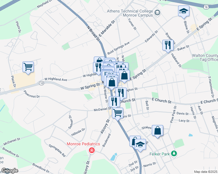 map of restaurants, bars, coffee shops, grocery stores, and more near 140 South Broad Street in Monroe