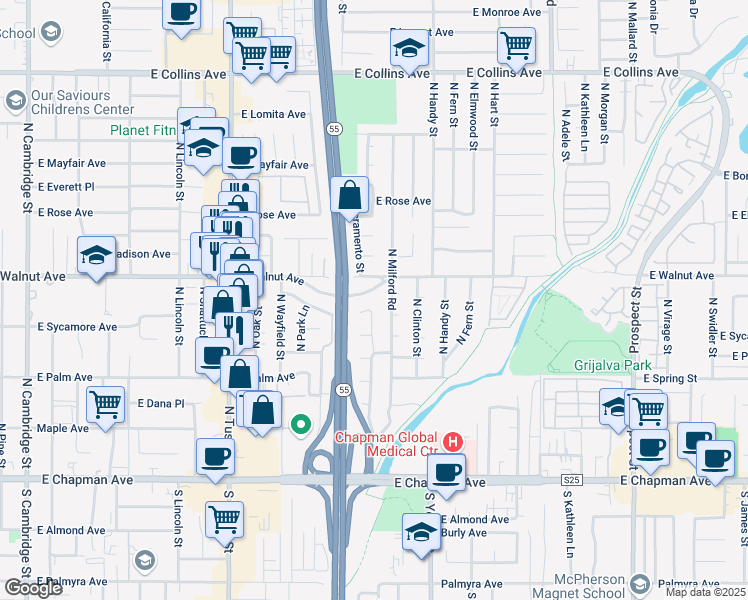 map of restaurants, bars, coffee shops, grocery stores, and more near 419 North Sacramento Street in Orange