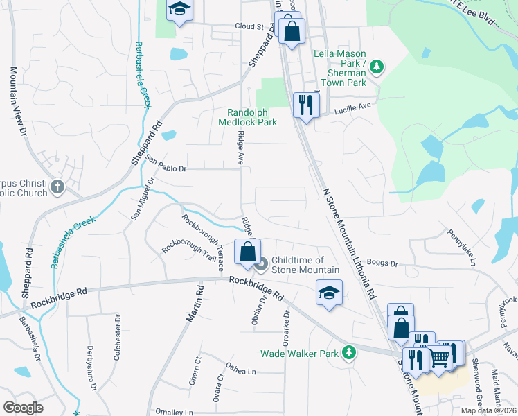 map of restaurants, bars, coffee shops, grocery stores, and more near 5343 Ridge Forest Drive in Stone Mountain