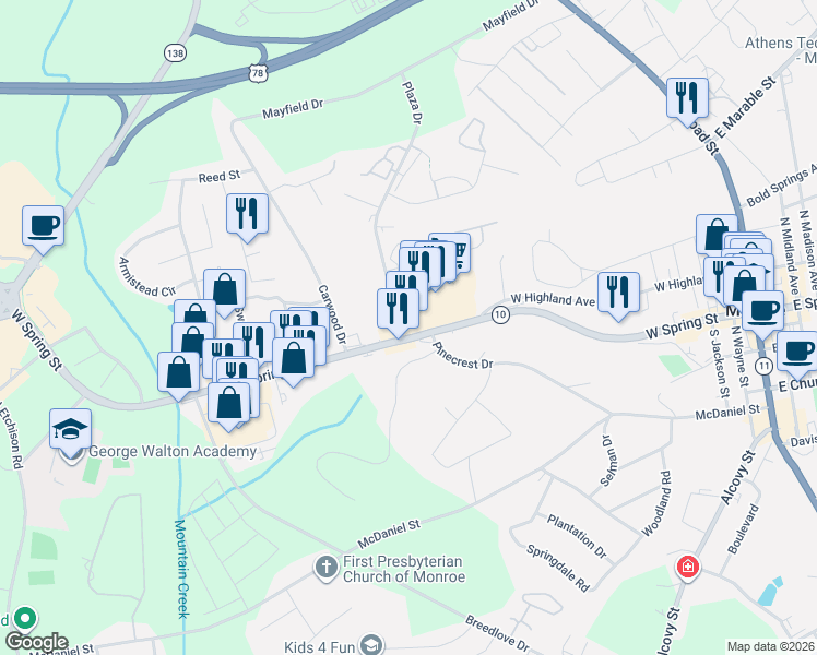 map of restaurants, bars, coffee shops, grocery stores, and more near 698 Plaza Drive in Monroe