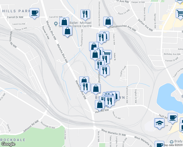 map of restaurants, bars, coffee shops, grocery stores, and more near 1378 Peter Haughton Way in Atlanta
