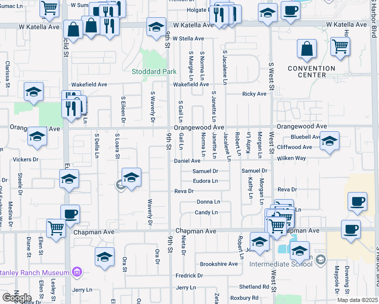 map of restaurants, bars, coffee shops, grocery stores, and more near 11611 Margie Lane in Garden Grove