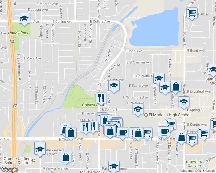 map of restaurants, bars, coffee shops, grocery stores, and more near 3410 East Glastonbury Lane in Orange