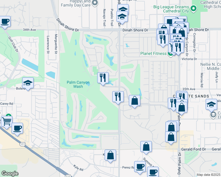 map of restaurants, bars, coffee shops, grocery stores, and more near 34891 Calle Avila in Cathedral City