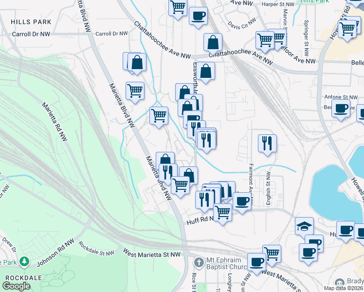 map of restaurants, bars, coffee shops, grocery stores, and more near Peter Haughton Way in Atlanta