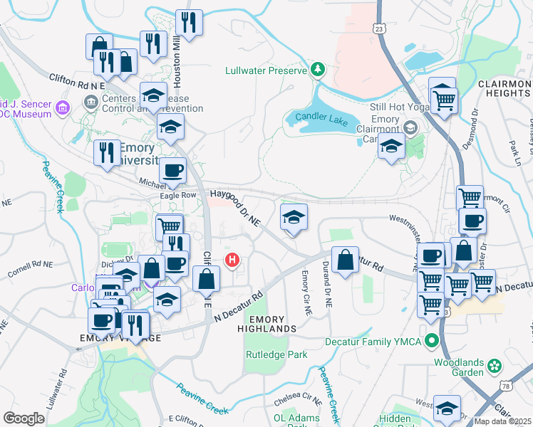 map of restaurants, bars, coffee shops, grocery stores, and more near 1760 Haygood Drive Northeast in Atlanta