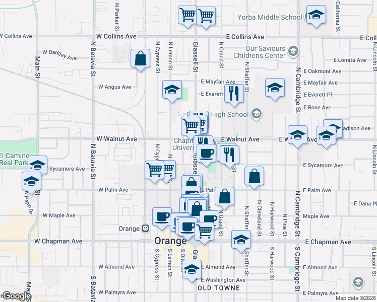 map of restaurants, bars, coffee shops, grocery stores, and more near 455 North Olive Street in Orange