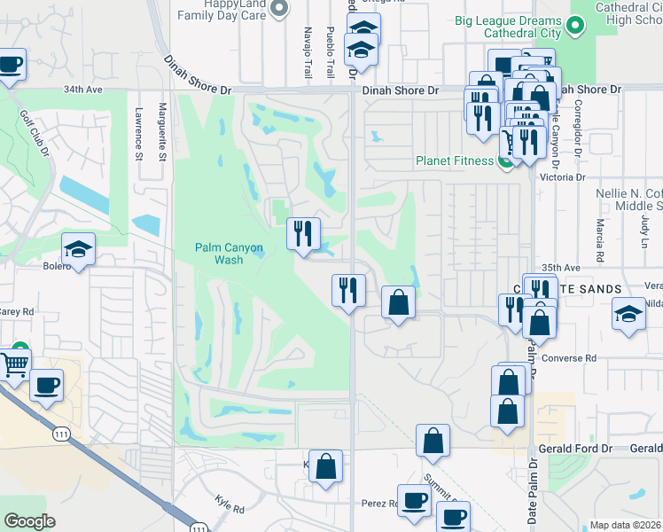 map of restaurants, bars, coffee shops, grocery stores, and more near 68443 Paseo Real in Cathedral City