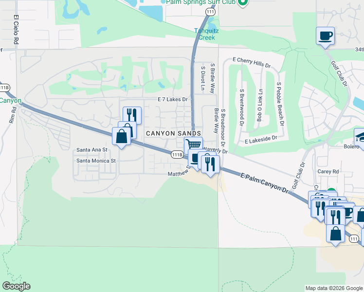 map of restaurants, bars, coffee shops, grocery stores, and more near 2550 East Miramonte Circle in Palm Springs