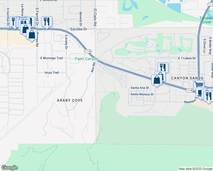 map of restaurants, bars, coffee shops, grocery stores, and more near 2106 Southridge Drive in Palm Springs