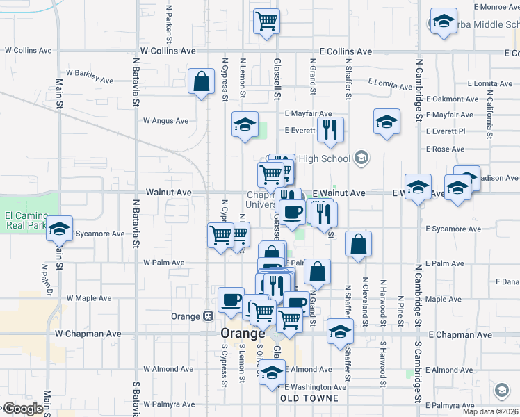 map of restaurants, bars, coffee shops, grocery stores, and more near 480 North Glassell Street in Orange