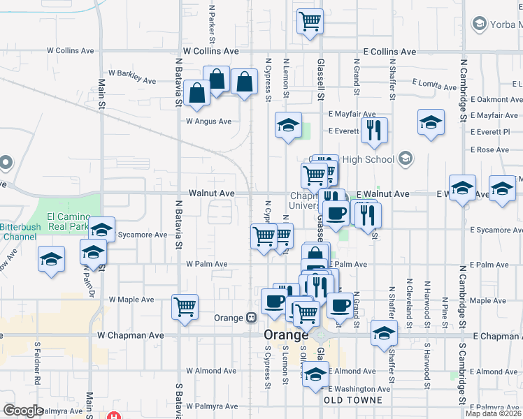 map of restaurants, bars, coffee shops, grocery stores, and more near 416 West Walnut Avenue in Orange