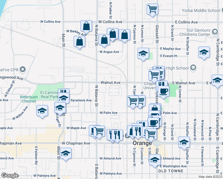 map of restaurants, bars, coffee shops, grocery stores, and more near 700 West Walnut Avenue in Orange