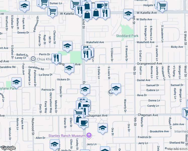 map of restaurants, bars, coffee shops, grocery stores, and more near 2123 South Della Lane in Anaheim