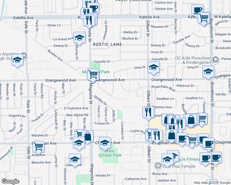map of restaurants, bars, coffee shops, grocery stores, and more near 11562 Desmond Street in Garden Grove