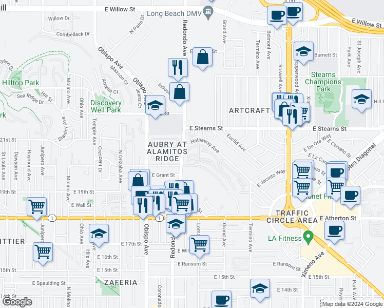 map of restaurants, bars, coffee shops, grocery stores, and more near 3414 Duchess Lane in Long Beach