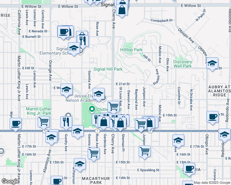 map of restaurants, bars, coffee shops, grocery stores, and more near 2094 Cherry Avenue in Signal Hill