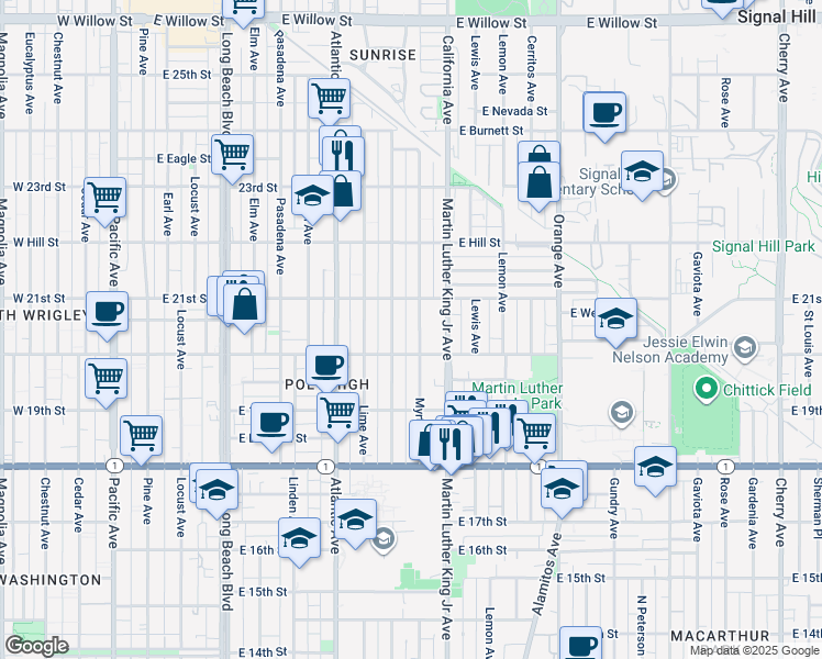 map of restaurants, bars, coffee shops, grocery stores, and more near 2087 Myrtle Avenue in Long Beach