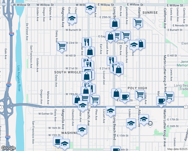 map of restaurants, bars, coffee shops, grocery stores, and more near 2075 Pine Avenue in Long Beach