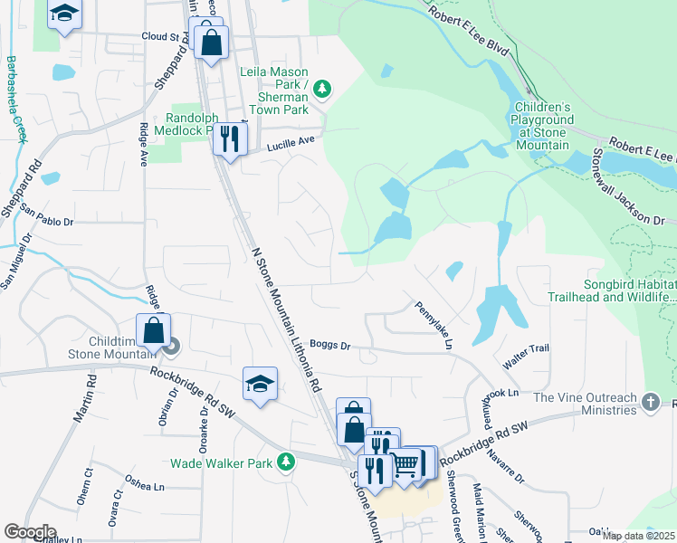 map of restaurants, bars, coffee shops, grocery stores, and more near 604 Pepperwood Lane in Stone Mountain