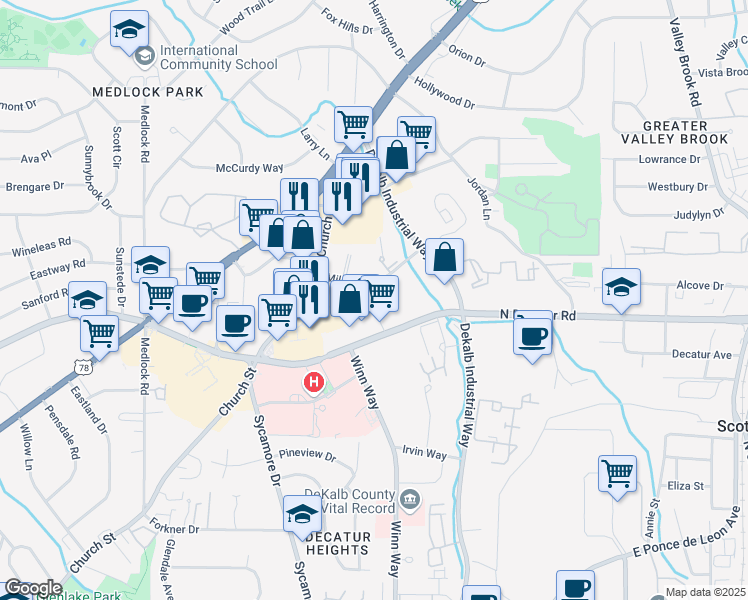 map of restaurants, bars, coffee shops, grocery stores, and more near 2636 Milscott Drive in Decatur
