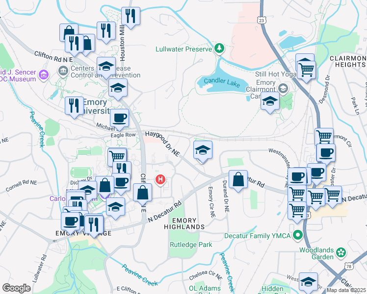 map of restaurants, bars, coffee shops, grocery stores, and more near 38-54 Andrews Circle in Atlanta