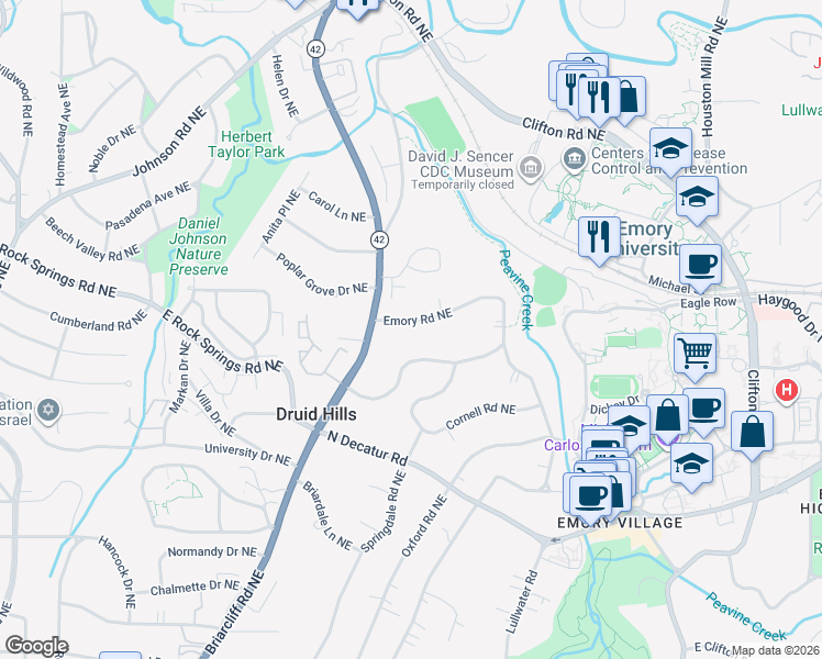 map of restaurants, bars, coffee shops, grocery stores, and more near 1347 Emory Road Northeast in Atlanta