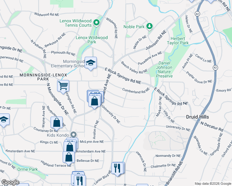 map of restaurants, bars, coffee shops, grocery stores, and more near 1153 Cumberland Road Northeast in Atlanta