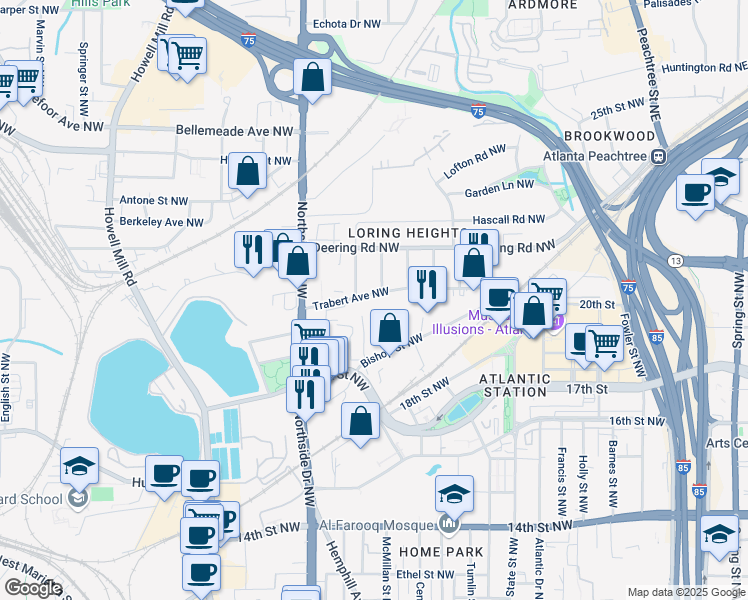 map of restaurants, bars, coffee shops, grocery stores, and more near 522 Trabert Avenue Northwest in Atlanta