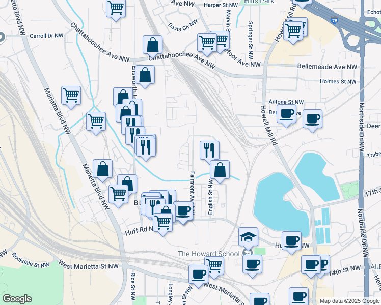 map of restaurants, bars, coffee shops, grocery stores, and more near 1458 Fairmont Avenue Northwest in Atlanta
