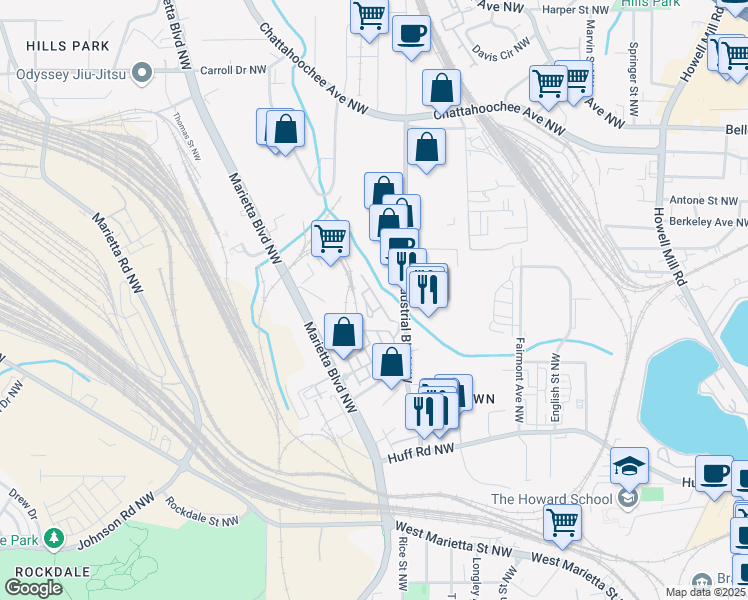 map of restaurants, bars, coffee shops, grocery stores, and more near 1378 Peter Haughton Way in Atlanta