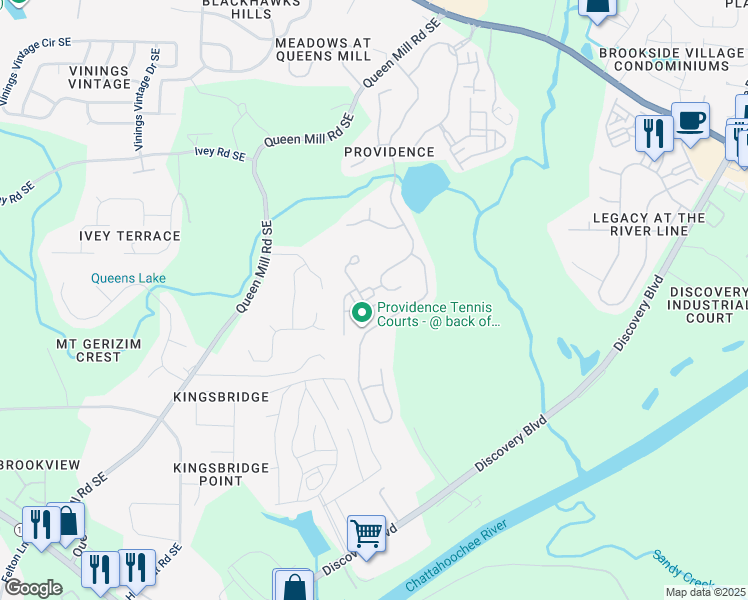 map of restaurants, bars, coffee shops, grocery stores, and more near 6114 Queens River Drive in Mableton