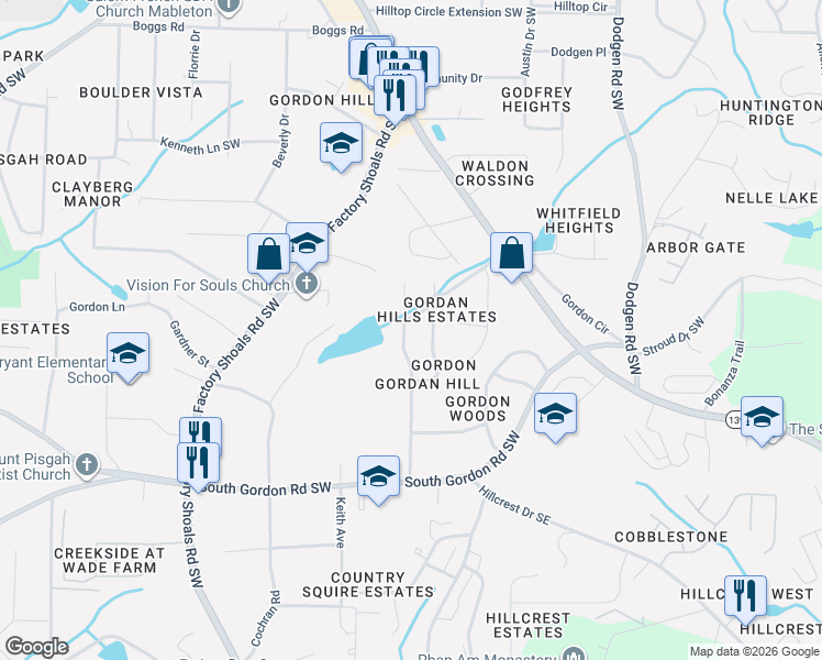 map of restaurants, bars, coffee shops, grocery stores, and more near 6563 Mitchell Lane Southwest in Mableton