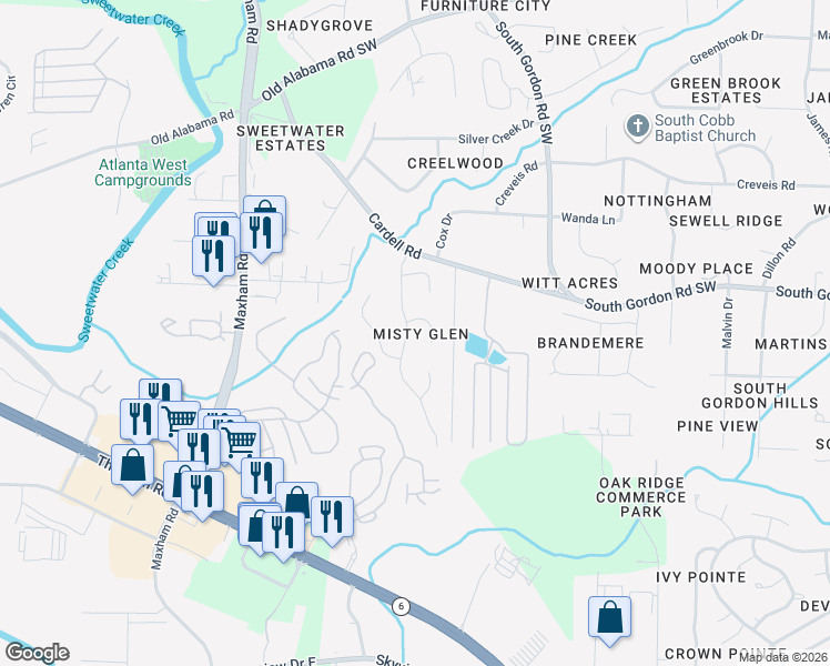 map of restaurants, bars, coffee shops, grocery stores, and more near 6584 Coventry Point in Austell