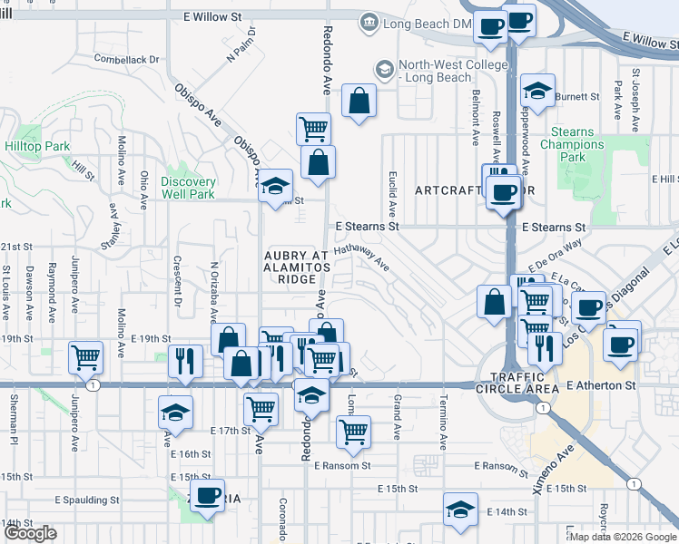 map of restaurants, bars, coffee shops, grocery stores, and more near 3456 Hathaway Avenue in Long Beach