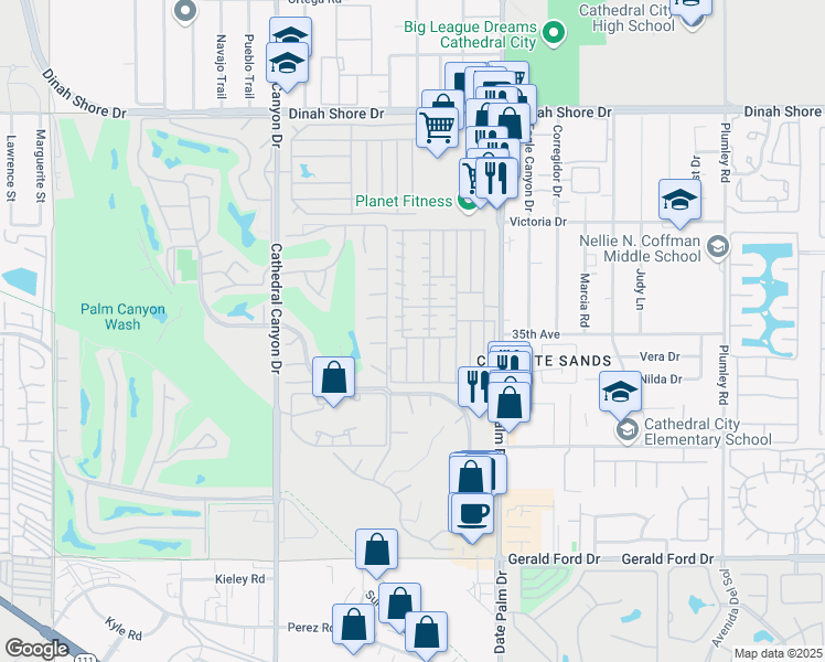 map of restaurants, bars, coffee shops, grocery stores, and more near 96 Sand Creek in Cathedral City