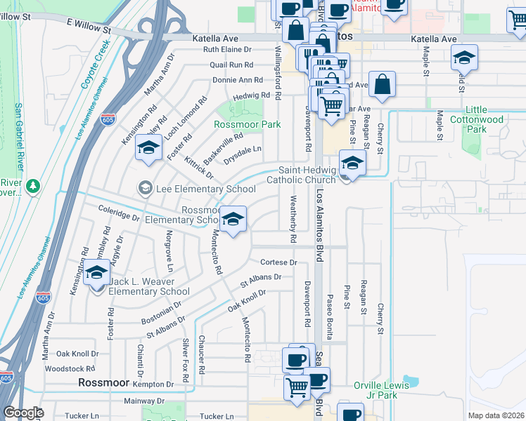 map of restaurants, bars, coffee shops, grocery stores, and more near 3321 Wimbleton Drive in Los Alamitos
