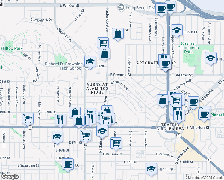 map of restaurants, bars, coffee shops, grocery stores, and more near 3488 Hathaway Avenue in Long Beach
