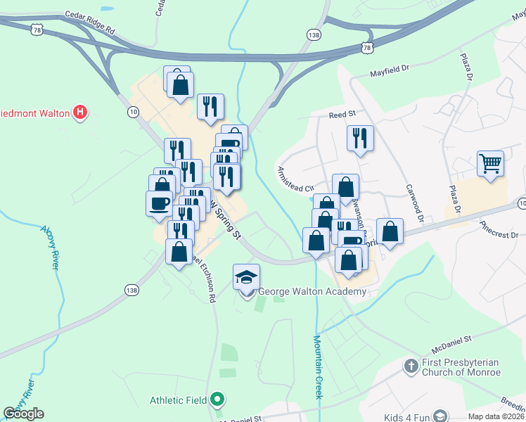 map of restaurants, bars, coffee shops, grocery stores, and more near 119 White Oak Lane in Monroe