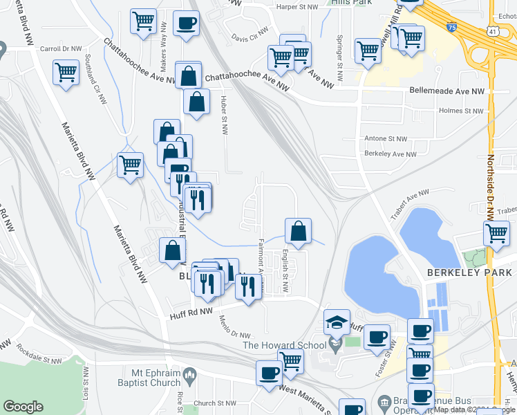 map of restaurants, bars, coffee shops, grocery stores, and more near in Atlanta