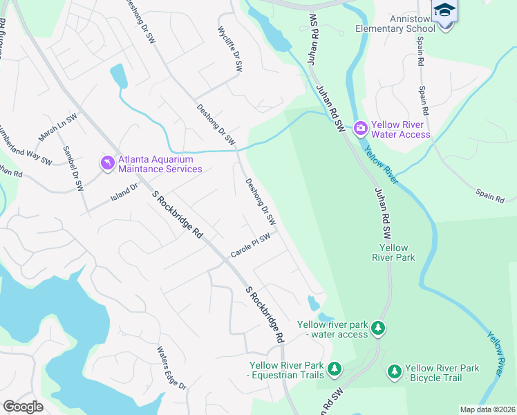 map of restaurants, bars, coffee shops, grocery stores, and more near 3223 Deshong Drive Southwest in Stone Mountain