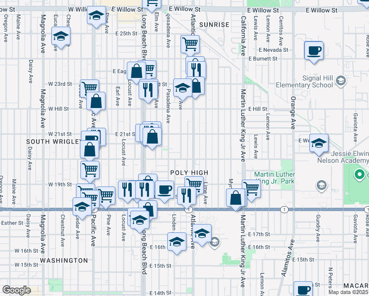map of restaurants, bars, coffee shops, grocery stores, and more near 530 East 21st Street in Long Beach