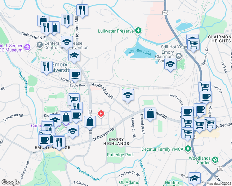 map of restaurants, bars, coffee shops, grocery stores, and more near 1760 Haygood Drive Northeast in Atlanta