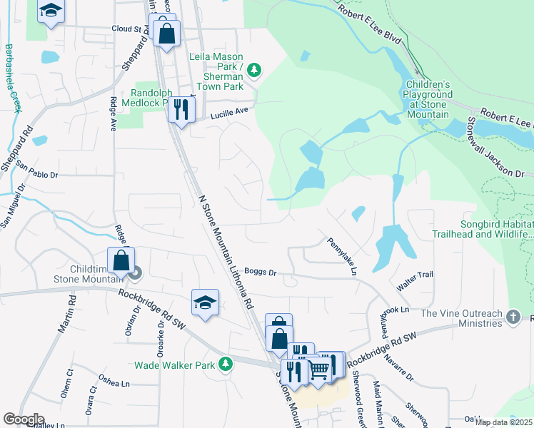 map of restaurants, bars, coffee shops, grocery stores, and more near 604 Pepperwood Ln in Stone Mountain