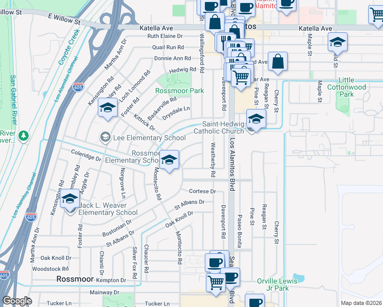 map of restaurants, bars, coffee shops, grocery stores, and more near 3321 Wimbleton Drive in Los Alamitos