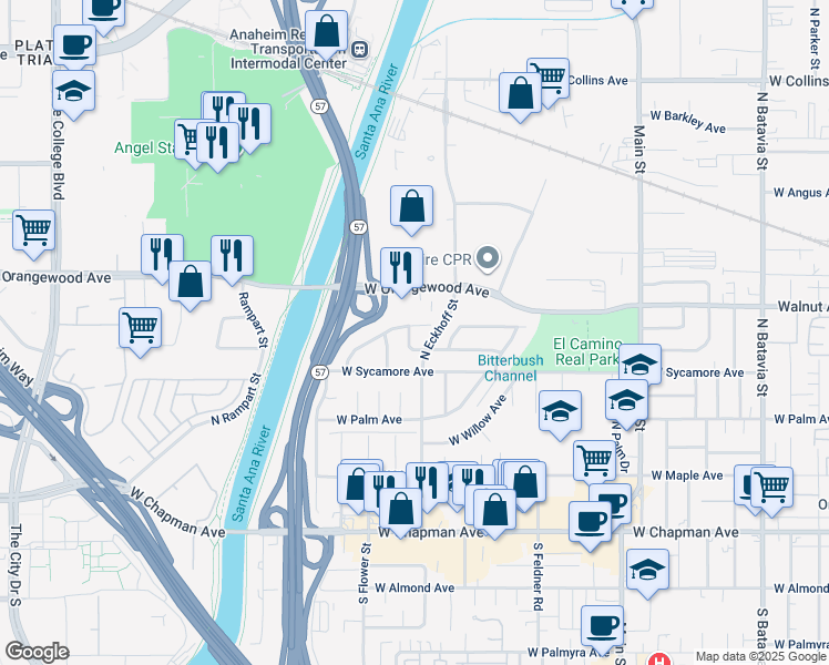 map of restaurants, bars, coffee shops, grocery stores, and more near 2120 West Beverly Drive in Orange